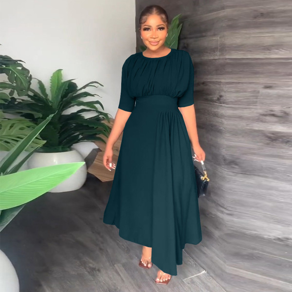 Round neck waist cinched irregular dress