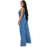 Strap denim jumpsuit wide leg pants
