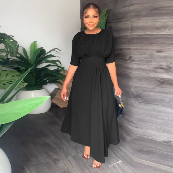 Round neck waist cinched irregular dress