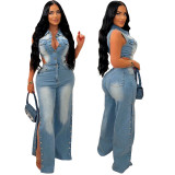Elastic denim straight leg jumpsuit