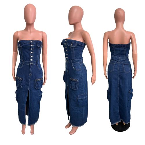 Strapless shoulder baring slit workwear denim dress