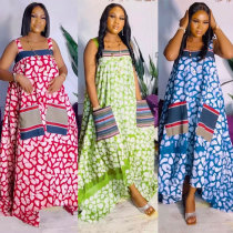 Strap printed large skirt dress