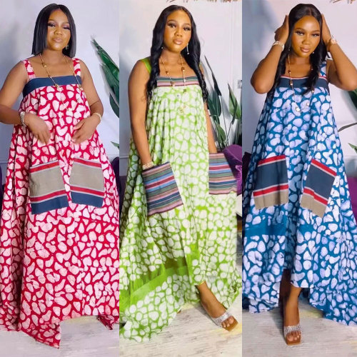 Strap printed large skirt dress