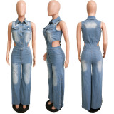 Elastic denim straight leg jumpsuit