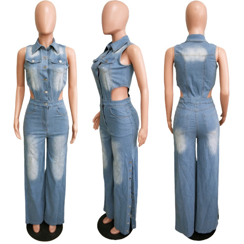 Elastic denim straight leg jumpsuit