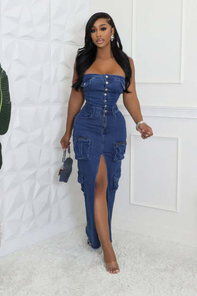 Strapless shoulder baring slit workwear denim dress