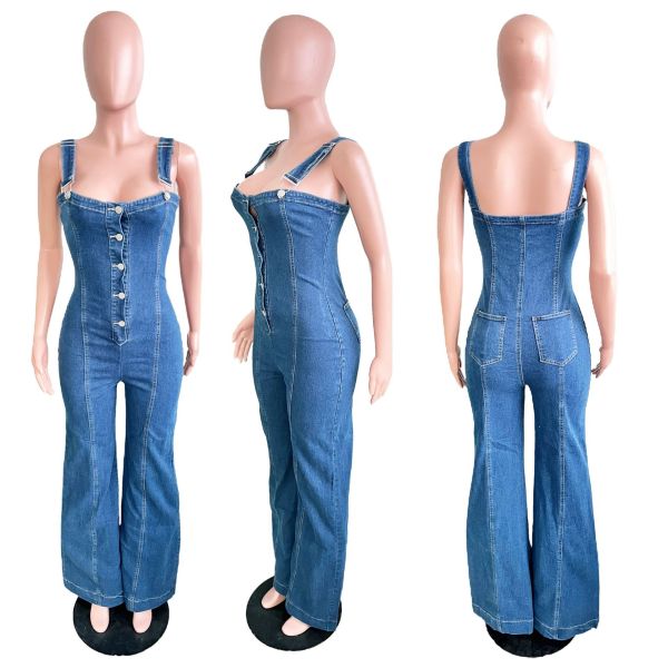 Strap denim jumpsuit wide leg pants
