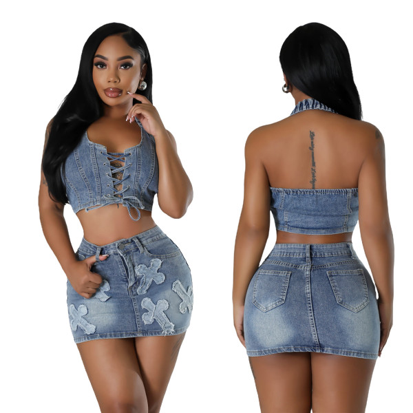 Cross Embroidered Elastic Cowboy Two Piece Set