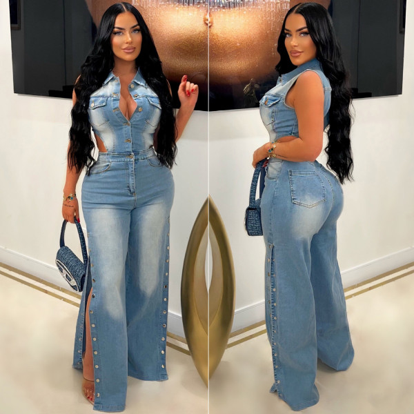 Elastic denim straight leg jumpsuit