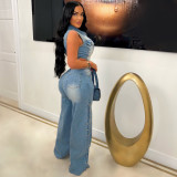 Elastic denim straight leg jumpsuit