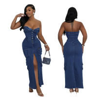 Strapless shoulder baring slit workwear denim dress Strapless shoulder baring slit workwear denim dress