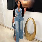 Elastic denim straight leg jumpsuit