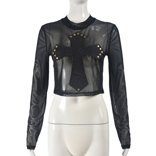 Mesh Perspective Splicing Cross T-shirt