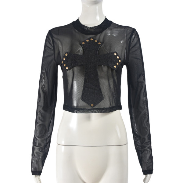 Mesh Perspective Splicing Cross T-shirt