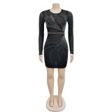 Women's mesh rhinestone long sleeved short skirt dress