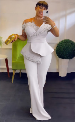 Off shoulder high waisted plus size wide leg jumpsuit