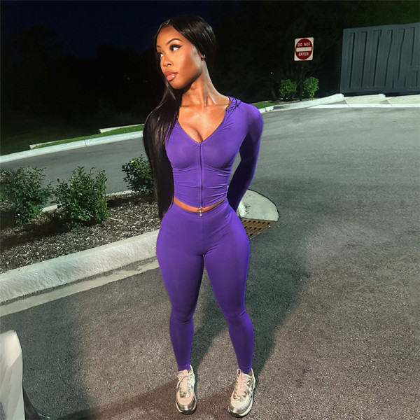Sports long sleeved V-neck zipper tight pants set