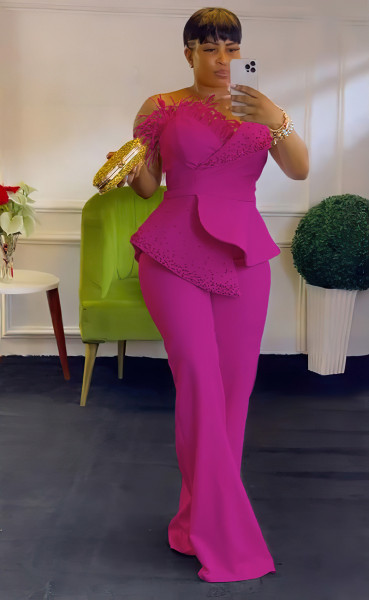 Off shoulder high waisted plus size wide leg jumpsuit