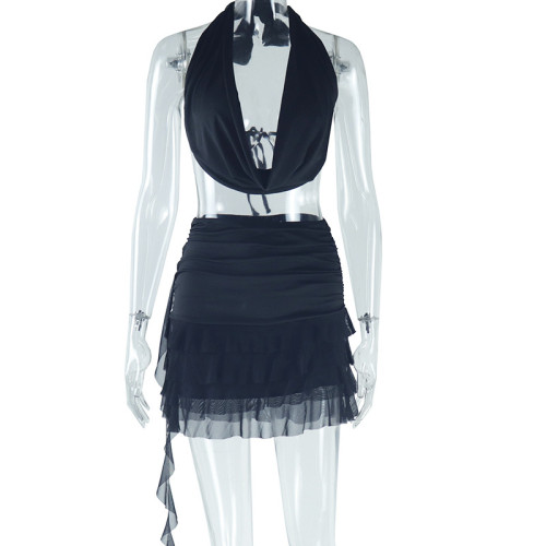 Hanging neck swinging collar sleeveless mesh patchwork skirt set