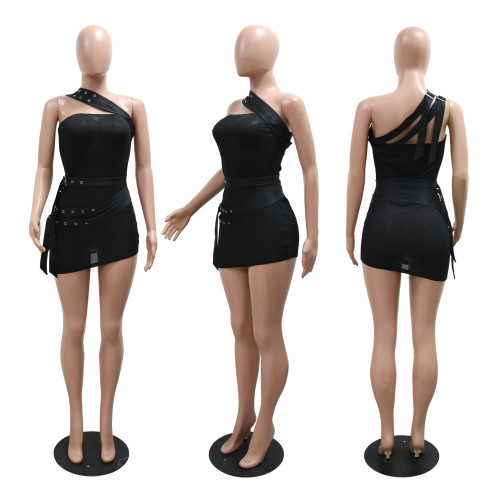 Slanted shoulder see through dress without underwear