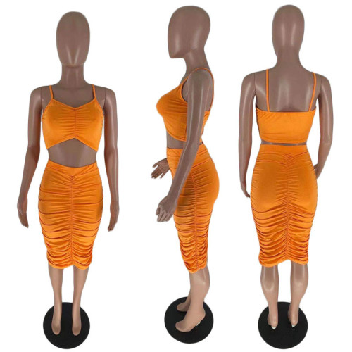 Solid color pleated skirt set
