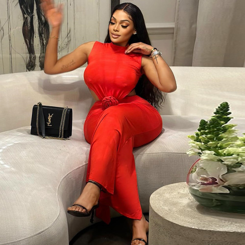 Solid color dress, sexy round neck, sleeveless, exposed waist, exposed back, one-step long skirt