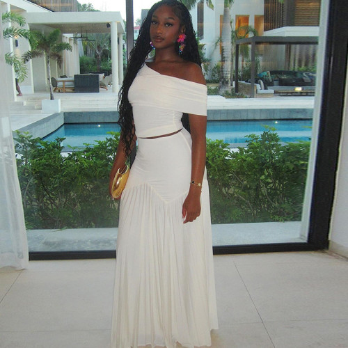 Sleeveless one shoulder tank top pleated skirt