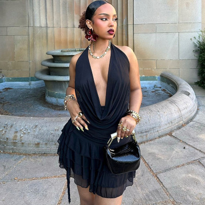 Hanging neck swinging collar sleeveless mesh patchwork skirt set