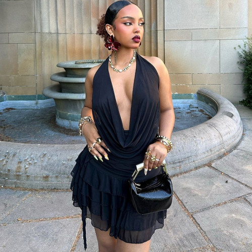 Hanging neck swinging collar sleeveless mesh patchwork skirt set