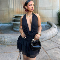 Hanging neck swinging collar sleeveless mesh patchwork skirt set Hanging neck swinging collar sleeveless mesh patchwork skirt set