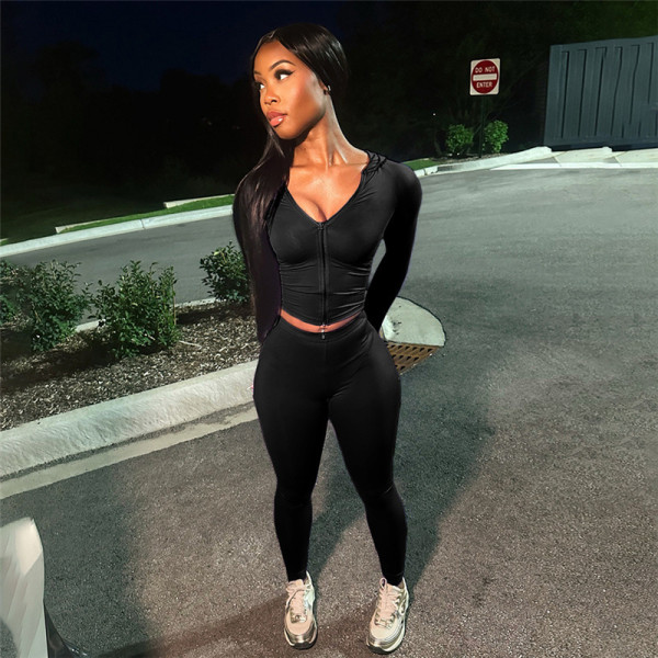 Sports long sleeved V-neck zipper tight pants set