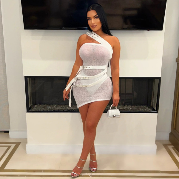 Slanted shoulder see through dress without underwear
