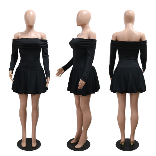 One collar long sleeved solid color dress short skirt