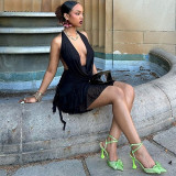 Hanging neck swinging collar sleeveless mesh patchwork skirt set