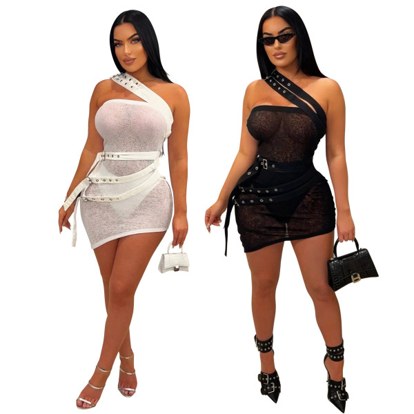 Slanted shoulder see through dress without underwear