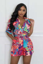 Printed pocket shirt jumpsuit shorts