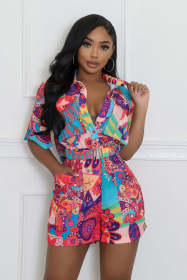 Printed pocket shirt jumpsuit shorts