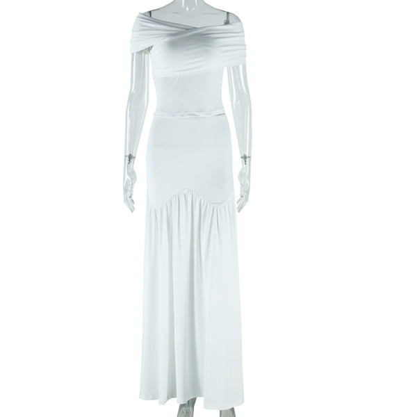 Sleeveless one shoulder tank top pleated skirt