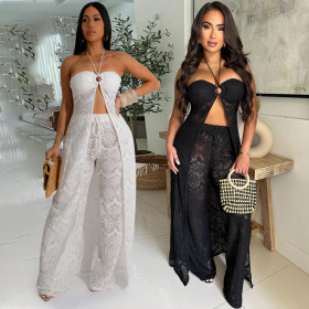 Tie up top paired with loose wide leg pants set