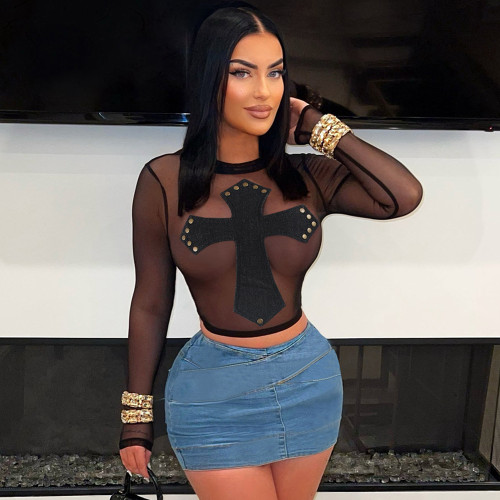 Mesh Perspective Splicing Cross T-shirt