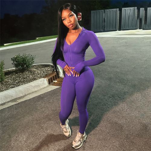 Sports long sleeved V-neck zipper tight pants set