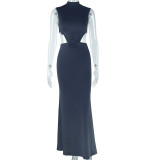 Solid color dress, sexy round neck, sleeveless, exposed waist, exposed back, one-step long skirt