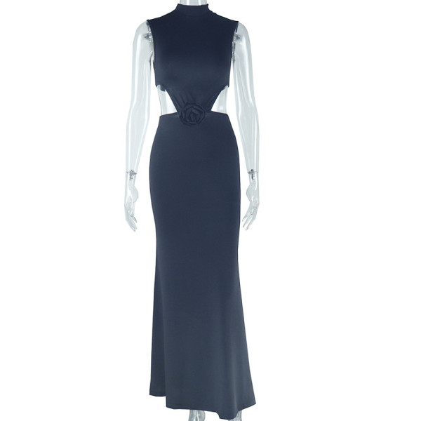Solid color dress, sexy round neck, sleeveless, exposed waist, exposed back, one-step long skirt