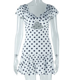 Women's polka dot printed hollow shoulder short sleeved skirt