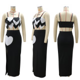 Two piece set of high slit half skirt with camisole and floral top