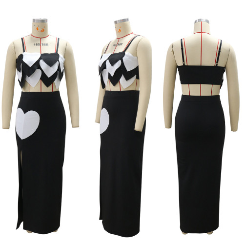 Two piece set of high slit half skirt with camisole and floral top