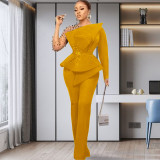 Large size women's solid color nail bead mesh pants set