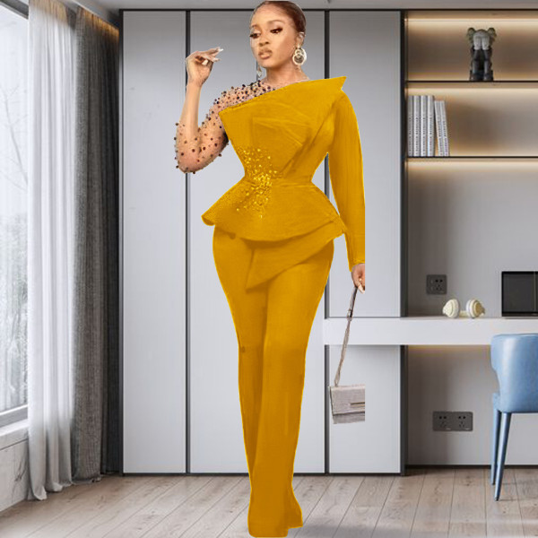 Large size women's solid color nail bead mesh pants set