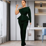 Large size women's solid color nail bead mesh pants set