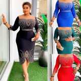 Women's mid sleeve nail bead hot stamping dress